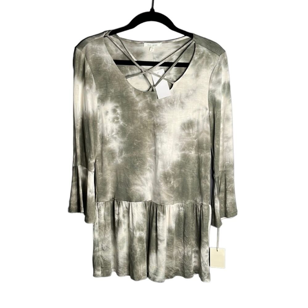 Ava James Green Tie Dye Peplum Knit Top With Criss Cross Neckline Size Small